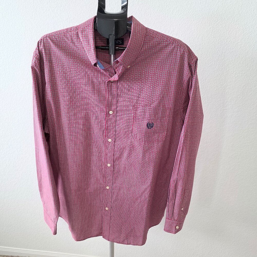 CHAPS EASY CARE MENS XXL RED AND NAVY PLAID LONG SLEEVE SHIRT